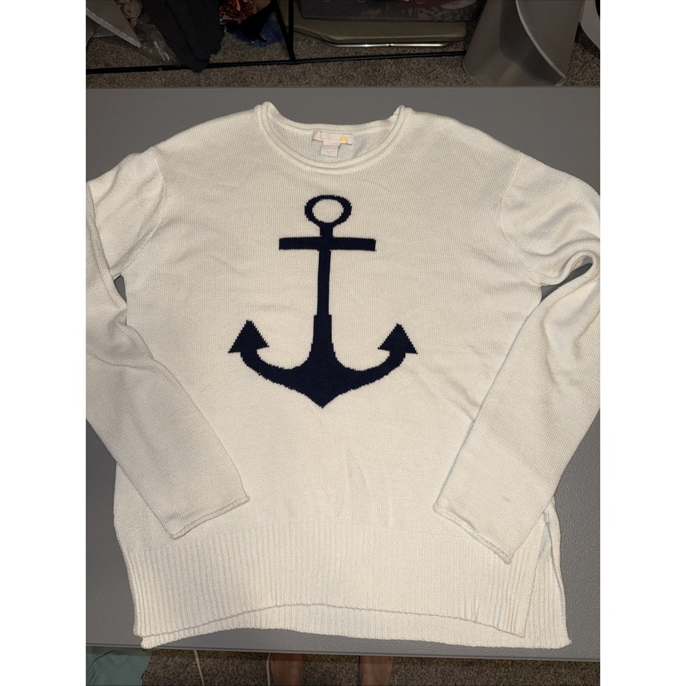 C&C CALIFORNIA Sweater Womens XL Anchor Crewnneck Nautical Coastal Rolled Neck